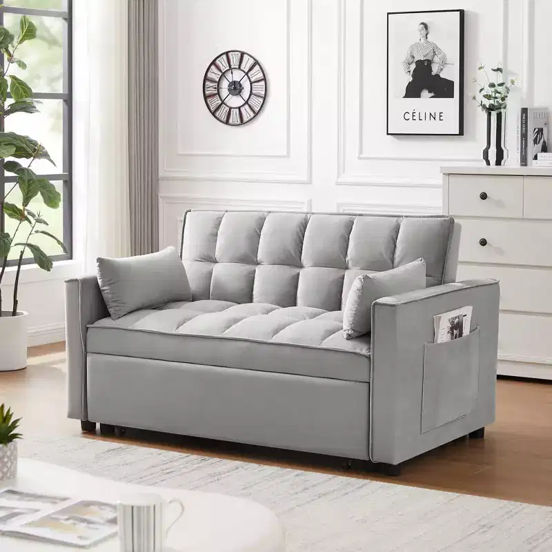 Modern Velvet Loveseat Futon Sofa with Toss Pillows Pockets for Living Room Bedroom Small Space Gray