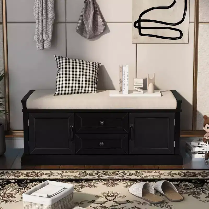 Storage Bench with 2 Drawers & 2 Cabinets, Retro Shoe Bench with Removable Cushion, Multi-Functional Storage Bench for Hallway, Entryway
