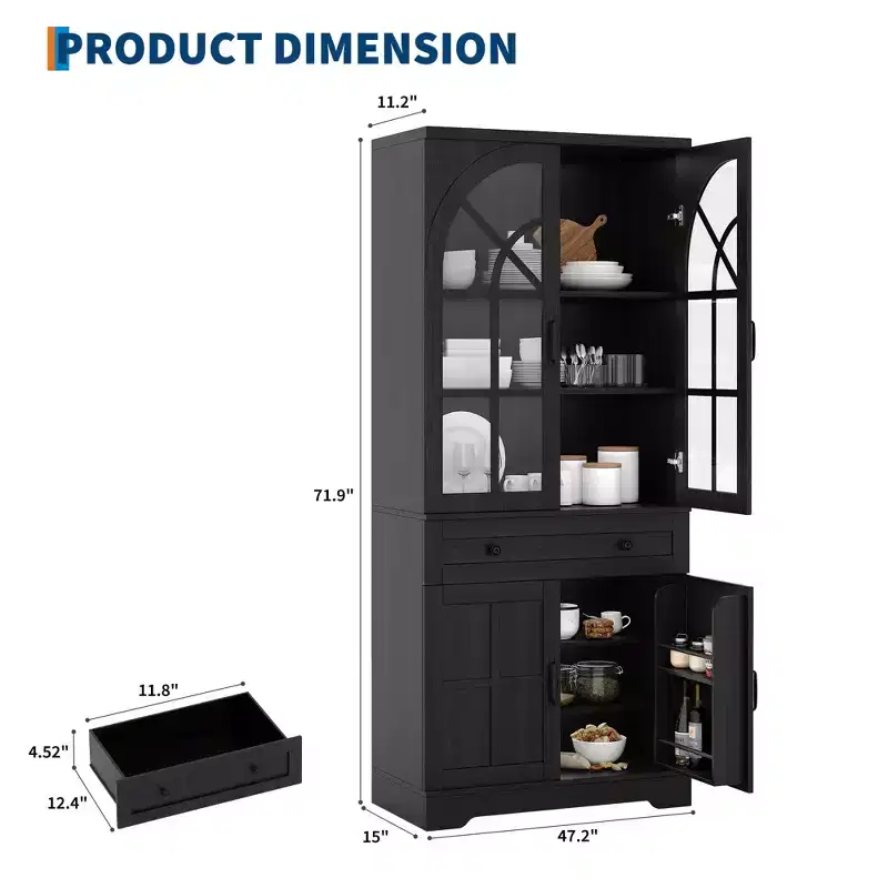 71.9 Tall Farmhouse Pantry Cabinet with Tempered Glass Doors, Freestanding Design & Anti-Tip Features for Kitchen, Dining Room
