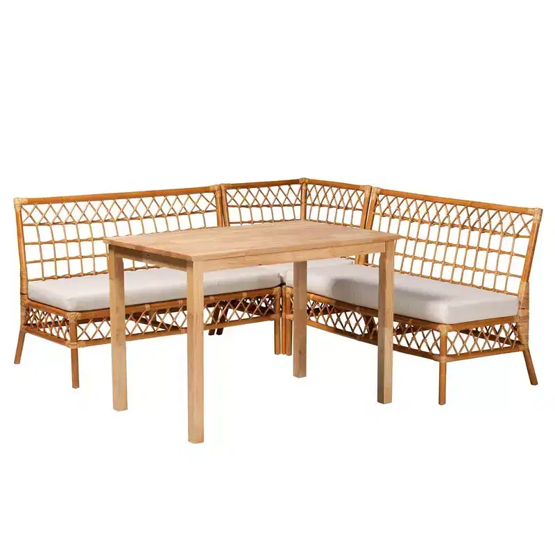 bali & pari 4pc Aina Rattan Dining Nook Set White/Light Honey/Oak Brown: Bohemian Style, Padded Seat, Rubberwood Frame