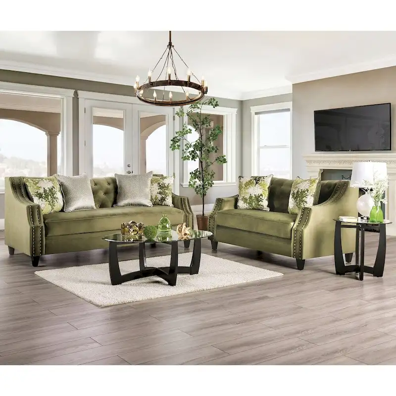 Olie Transitional Green Fabric Upholstered Tufted Back Sofa by Furniture of America