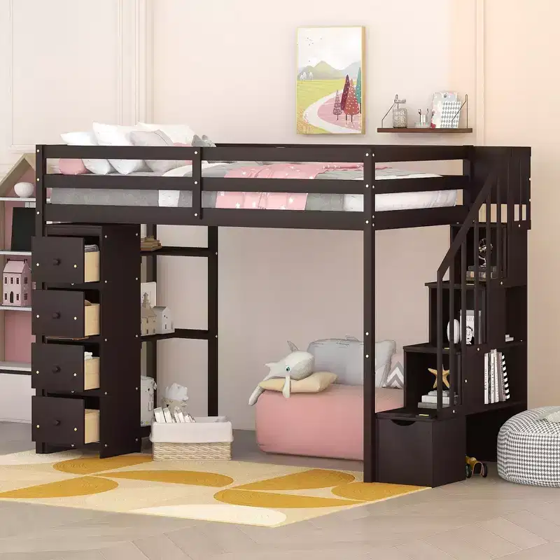Twin Size Wooden Loft Bed with Storage Drawers and Stairs, Shelves