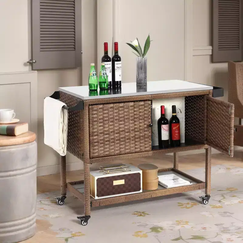NAYSAYE Bar Serving Cart Outdoor Wicker Wine and Beverage Storage with Stainless Steel Top for Patio , Brown, 47.24*20.12*35.04