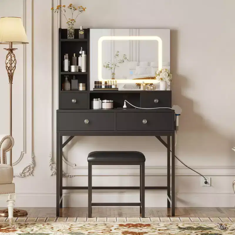 Mirrored Dressing Table with Three-Level Adjustable Lighting and Four Drawers