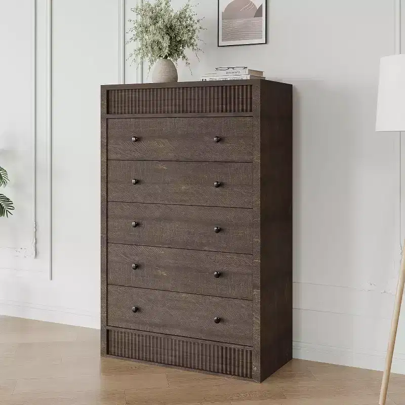 5-Drawer Tall Walnut Dresser, 31.5 Wide Fluted Chest of Drawers Modern Wood Storage Cabinet for Bedroom Kids Room Hallway Living Room