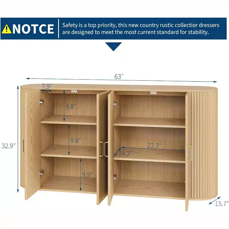 63 Oak Fluted Sideboard Buffet Cabinet, Modern Curved Credenza with Adjustable Shelves, Multipurpose Wood Storage Cabinet for Dining/Living Room