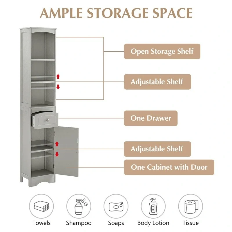 72 Bathroom Tall Cabinet with Drawer and 5 Adjustable Shelves