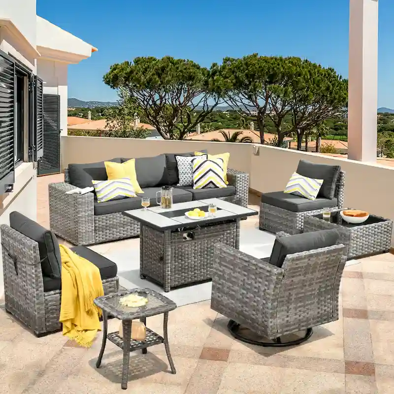 HOOOWOOO 9-piece Wicker Outdoor Modular Wide Armrest Sectional Set Fire Pit Set