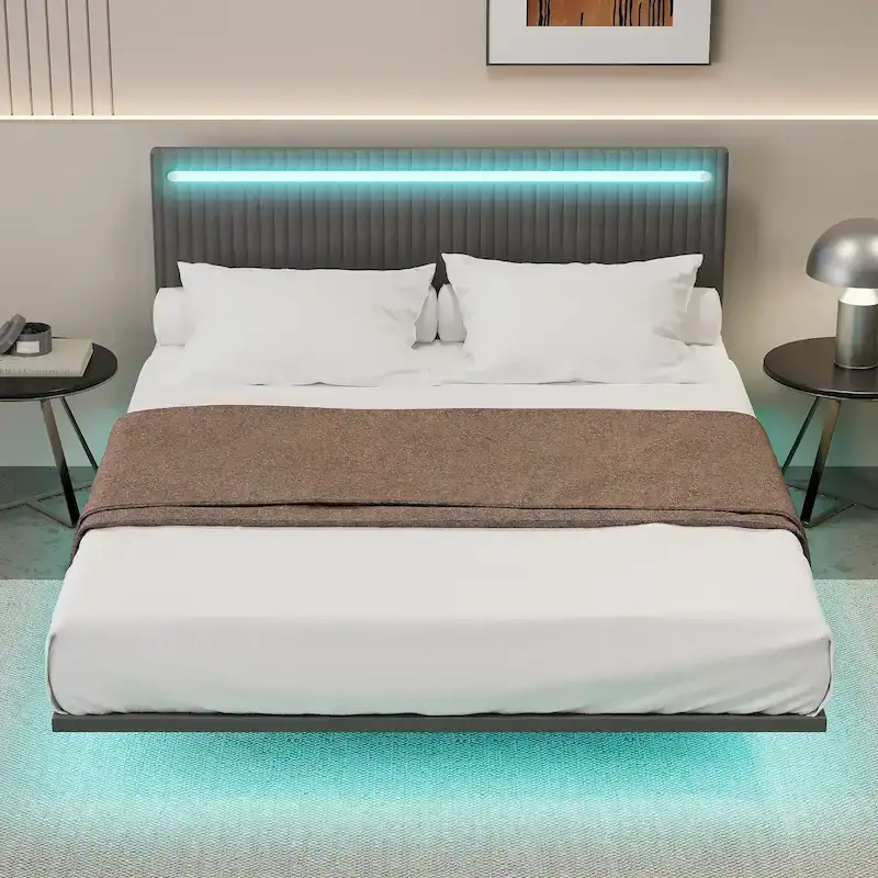 Full/Queen Size Floating Platform Bed Frame, Velvet Upholstery, Channel Tufted Headboard, No Box Spring Needed