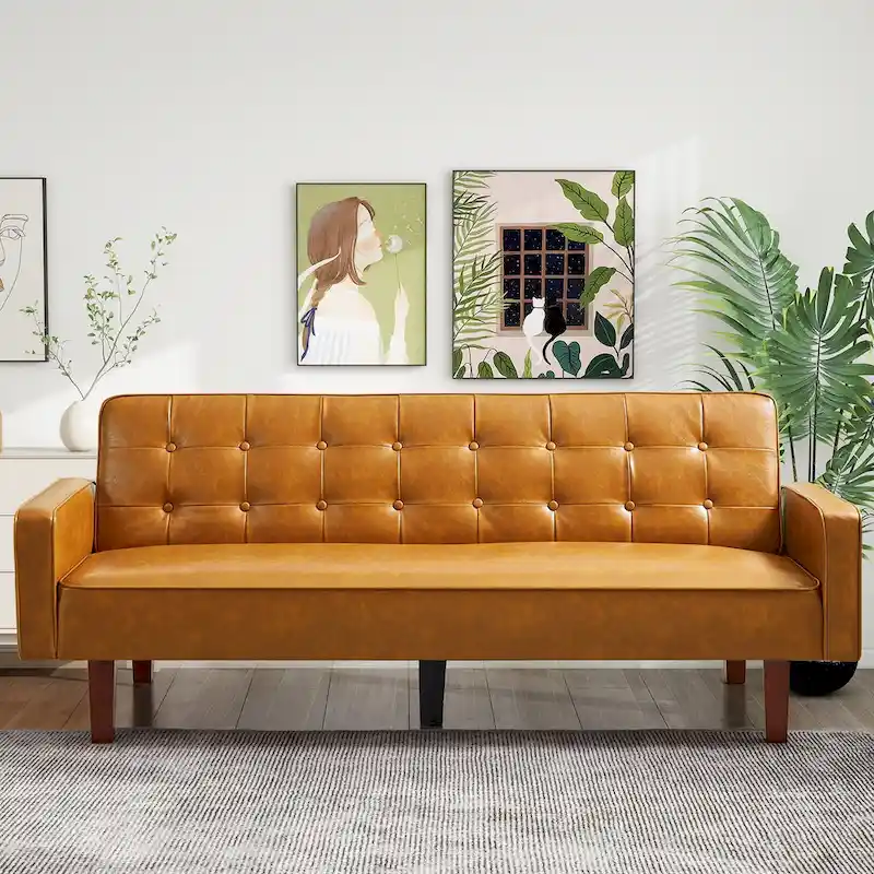 74.4 L Faux Leather Full Handcrafted Button Tufted Sofa 3-Seat, Convertible Sleeper Couch Adjustable Backrest