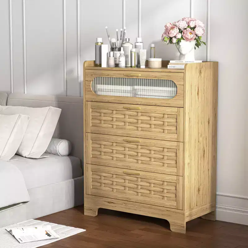GDFStudio Katherine Farmhouse 41.34 H Gold Handles Wood Vertical Dresser with Four Drawers