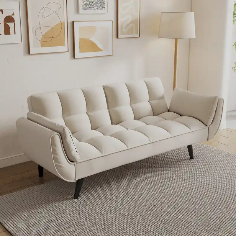 57 Sofa Bed,Polyester Blend Comfy Futon Couch Bed with 2 Square Pillows, Convertible Sleeper Sofa with Adjustable Backrest