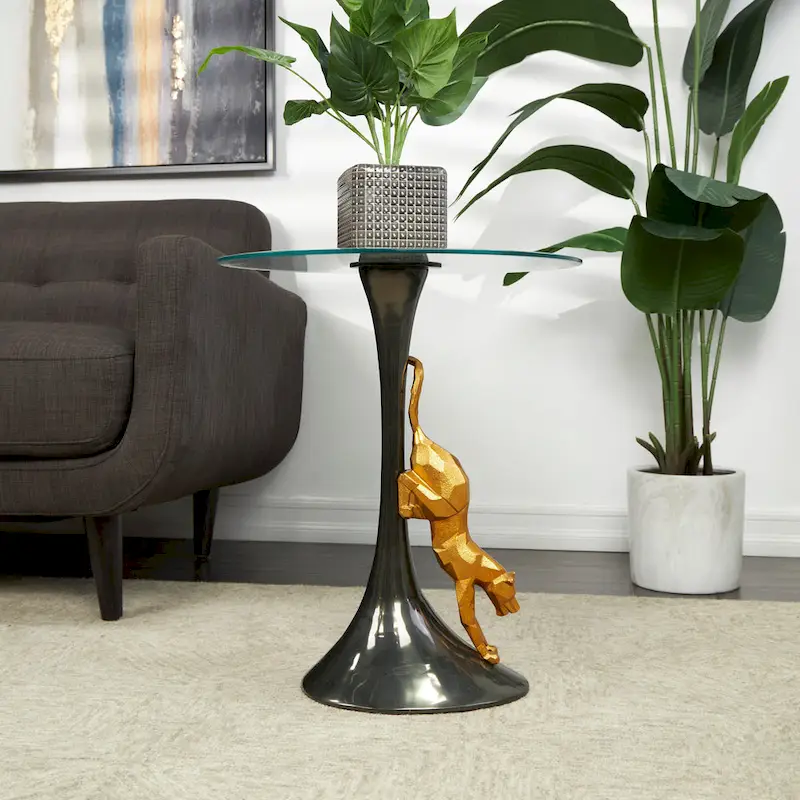Aluminum Metal Leopard Accent Table with Gold Leopard Accent and Tempered Glass Top - Black -