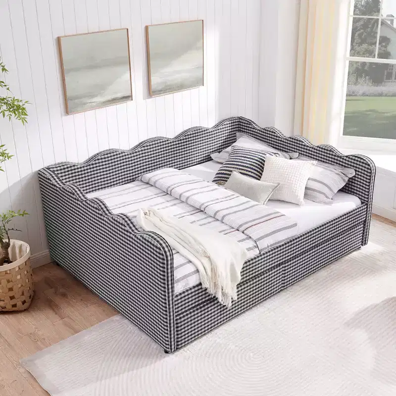 Queen Size Gingham Daybed, Adorable Wave Shaped Bed Frame with 2 Drawers, USB Port, Linen Fabric - ModernLuxe