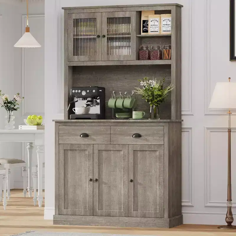 COZONY 71 Tall Pantry Cabinet with Doors & Drawer, Farmhouse Hutch with Microwave Stand & Anti-Tip