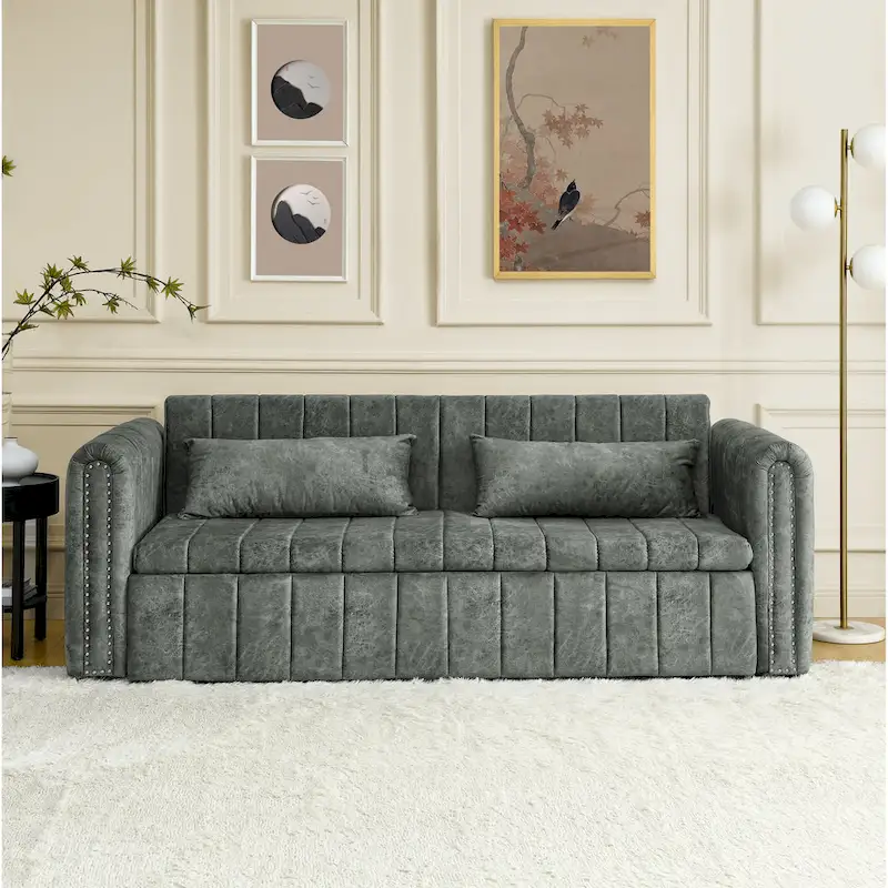 Modern 68 Foam 3 in 1 Pull-Out 3-seaters Bed Sleeper Sofa with Copper Nails and Two Drawers