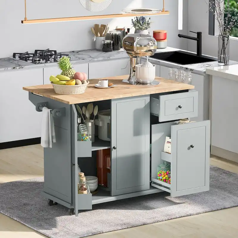 53.9 in. W Kitchen Island Rubberwood Drop-Leaf Countertop on 5 Wheels with Internal Storage Rack and 3 Tier Pull Out Cabinet