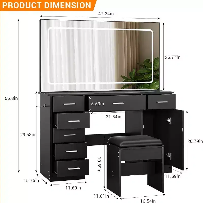 Vanity Desk with Large Mirror and Lights, Makeup Vanity with Power Outlet, 7 Drawers, 3 Lighting Color Adjustable