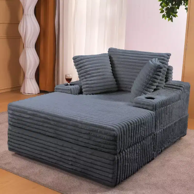 Oversized Corduroy Chaise Lounge Chair - Indoor Upholstered Sofa with Storage Ottoman, 3 Pillows & Single Sleeper for Living Room