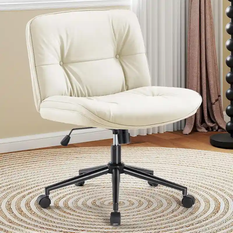 Criss Cross Chair with Wheels, Legged Home Office PU Leather Wide Armless Desk Seat, Rolling Ergonomic Comfy Vanity Seating