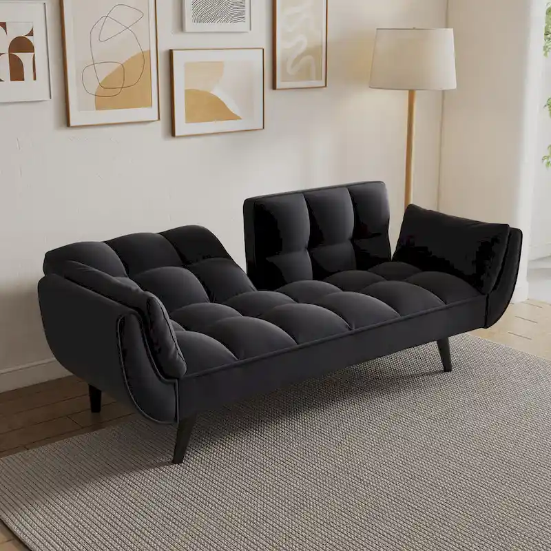 57 Sofa Bed,Polyester Blend Comfy Futon Couch Bed with 2 Square Pillows, Convertible Sleeper Sofa with Adjustable Backrest