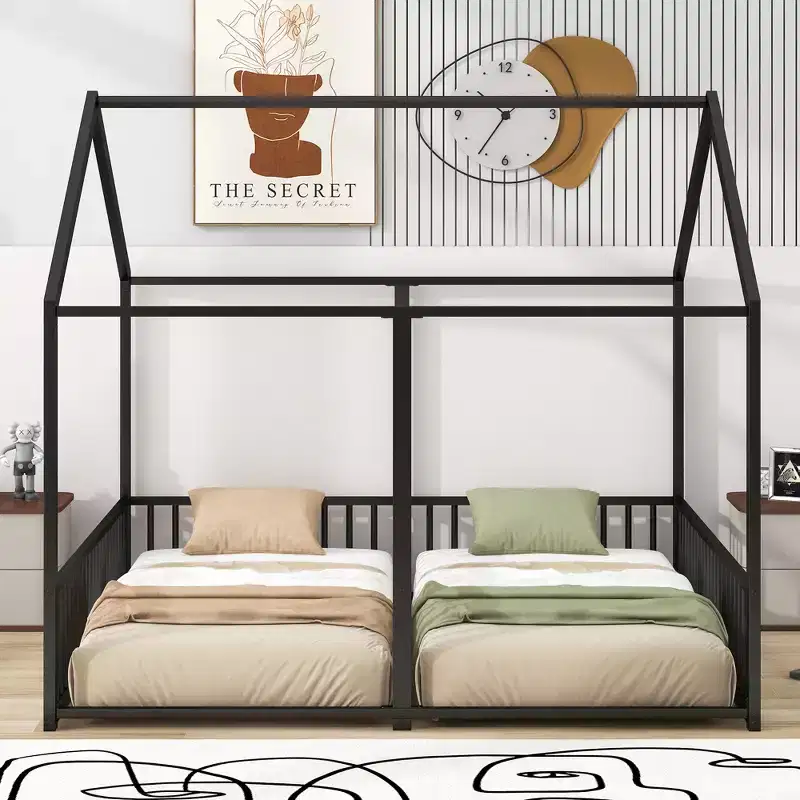 Whisen Metal Twin Size House-Shaped Platform Beds with Two Shared Beds