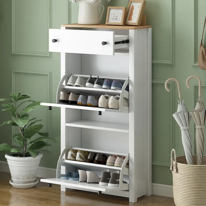 Entryway Organizer with 2 Flip Drawers, Wood Top Shoe Cabinet with Drawer, Free Standing Shoe Rack with Adjustable Panel, White