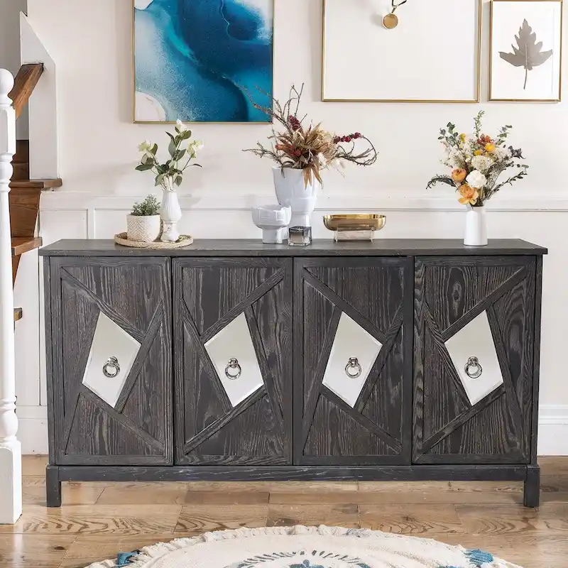 4-Door Sideboard with Mirror Panel Doors & Gold Handles – Grey / Wood, MDF & Wood Veneer, Solid Wood Legs