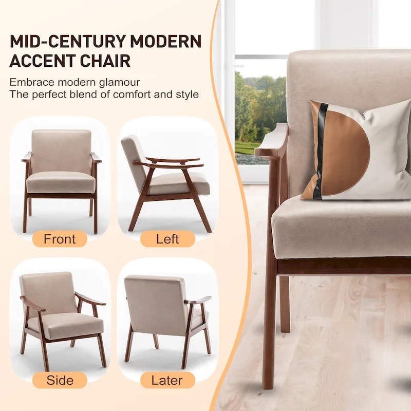 Mid-Century Modern Accent Chair with Solid Wood Frame, Set of 1