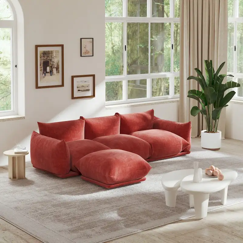 103.9 L-Shaped Sectional Sofa Chenille Fabric 3-Seat Couch with Ottoman