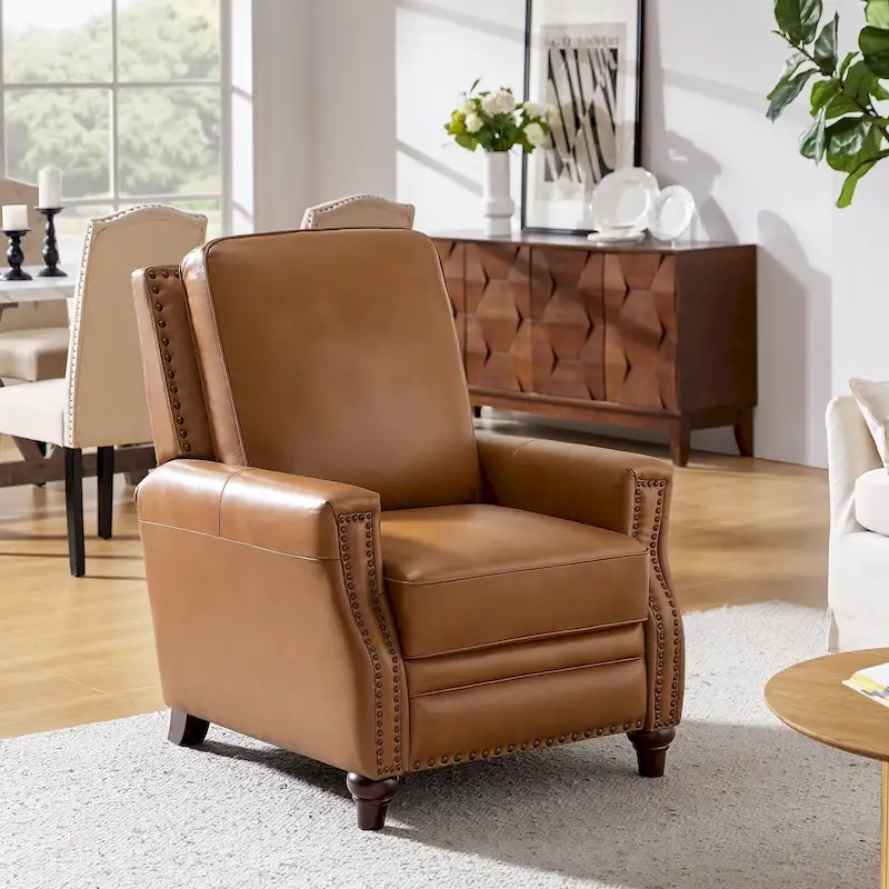 Cigar Mid-century Modern Genuine Leather Recliner with Nailhead Trim by HULALA HOME