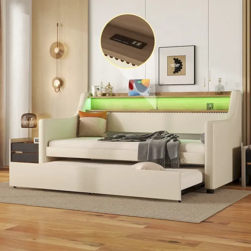 Twin Size Upholstered Daybed with Trundle and LED