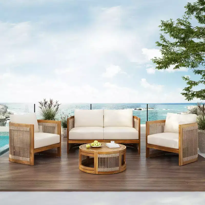 Christopher Knight Home Mads 4 Piece Outdoor Acacia Wood Curved Tub Design Seating Set with Woven Rope