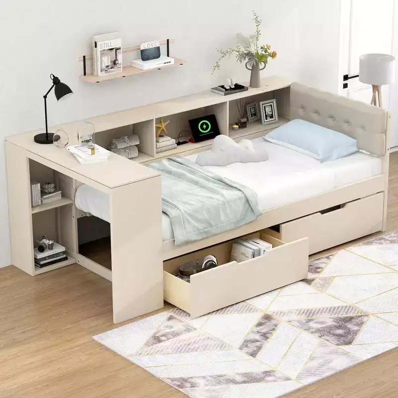Whisen Twin Daybed with Linen Upholstered Headboard, Built-in Charging Station & Storage Shelves(Upgraded)