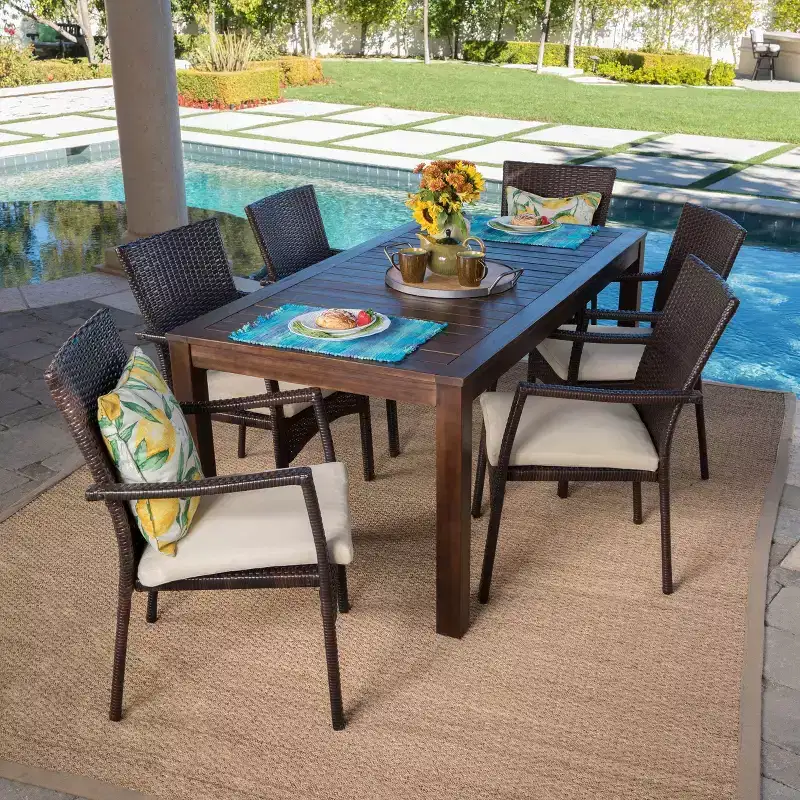 Geelong 7pc Acacia Wood & Wicker Patio Dining Set - Brown - Christopher Knight Home: Includes Cushions, Galvanized Steel Hardware