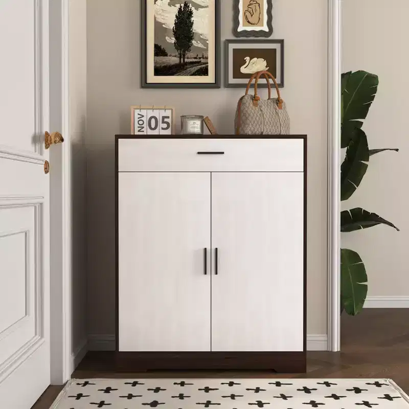 4-Tier Shoe Cabinet with 1 Drawer, 2 White Doors & Adjustable Shelves for Entryway