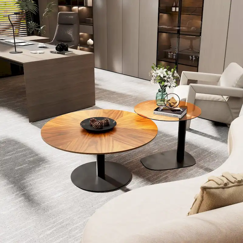 Set of 2 Modern Stacking Round Coffee Table Side Table Set with Slate Glass Top