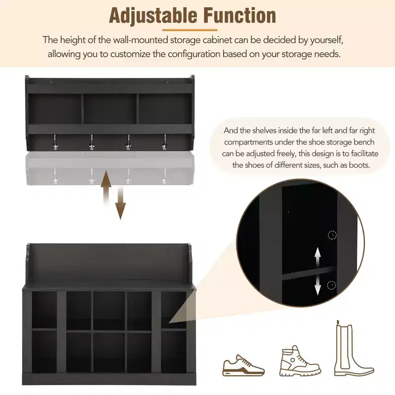 Shoe Storage Bench with 4 Hooks, Black