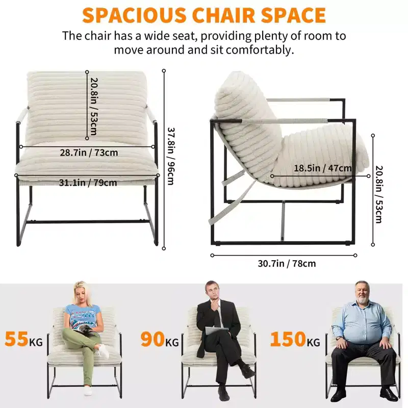 Sling Accent Chair with Metal Frame, Modern Comfy Living Room Chair, Upholstered Reading Chair with Shredded Foam Cushioning, Oversized Arm Chair