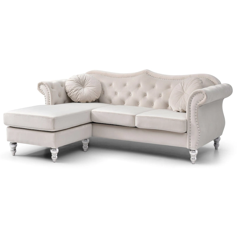 Hollywood 81 in. Velvet Chesterfield Sectional Sofa with 2-Throw Pillow - 81L x 35W x 34H