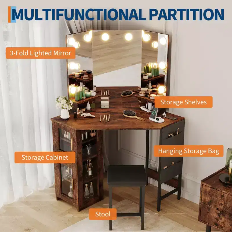 Modern Corner Makeup Vanity with Lighted Mirror & Stool, Space-Saving Vanity Desk with Charging Station and Storage Cabinet for Bedroom