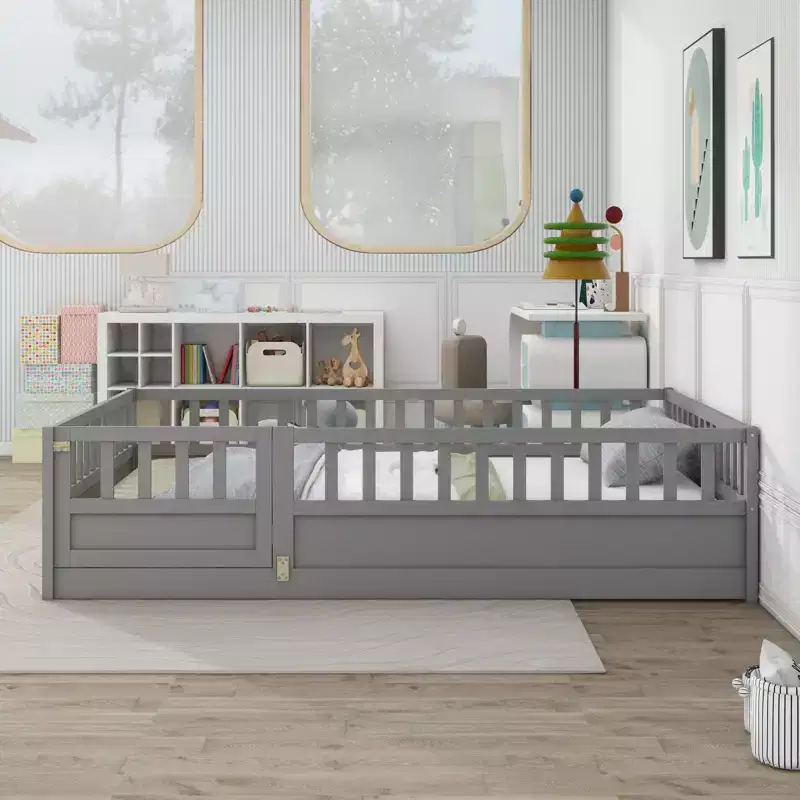 Full Floor Bed Frame with Extra-Tall Safety Rails, Wood Bed Frame with Convenient Entry Door for Bedroom, Gray