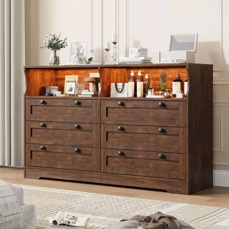 55-Inch 6-Drawer Dresser with LED Light Strip and Power Outlet