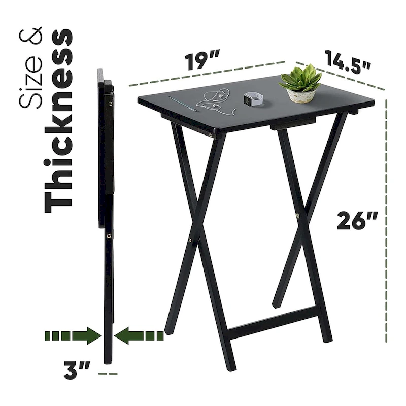 PJ Wood Folding TV Tray Tables with Compact Storage Rack, Black, 2 Piece Set - 18.44