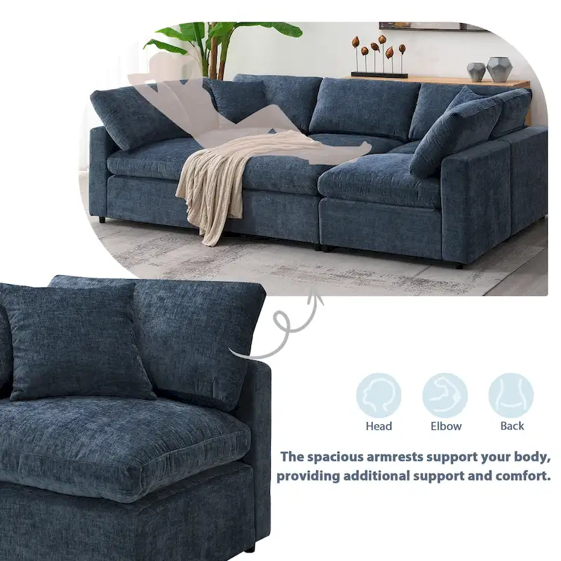 Modular 6-Seat Chenille Sectional Sofa Bed with Ottoman, Convertible U-Shape,Dark Blue