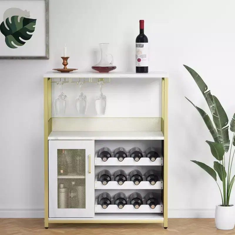 Industrial 3-Tier Wine Bar Cabinet  Adjustable Shelves, Glass Holders, Mesh Door  Vintage Kitchen, Living Room, Dining Area Sideboard