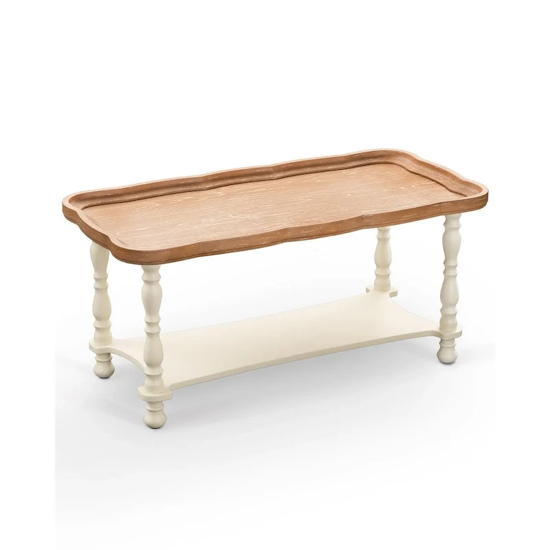 French Farmhouse Coffee Table with Natural Tray Top and Shelf