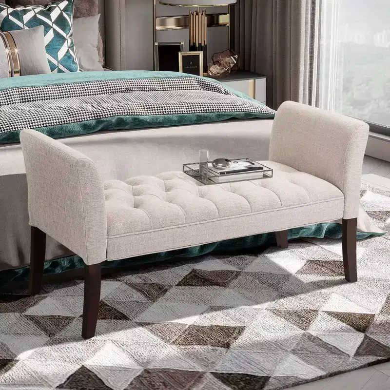 Upholstered Bedroom Bench with Button Tufted Design, End of Bed Bench with Arms and Solid Wood Legs