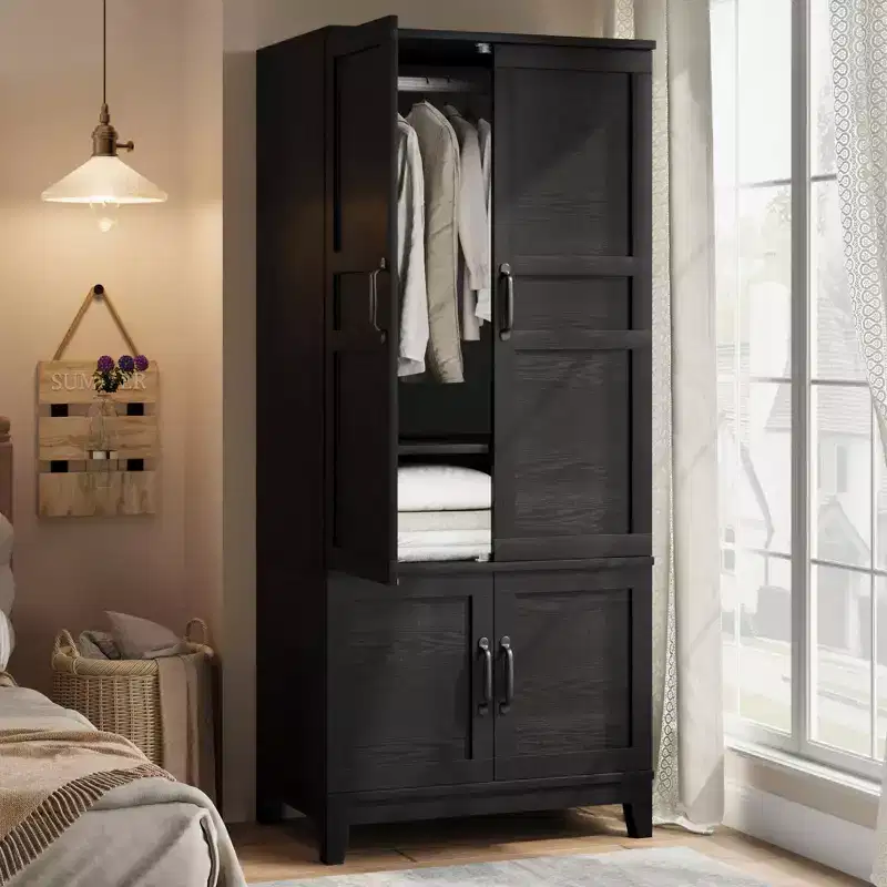 COZONY 72 Wooden Armoire Wardrobe Closet with 4 Doors, Freestanding Clothing Storage Cabinet with Hanging Rod & Adjustable Shelves