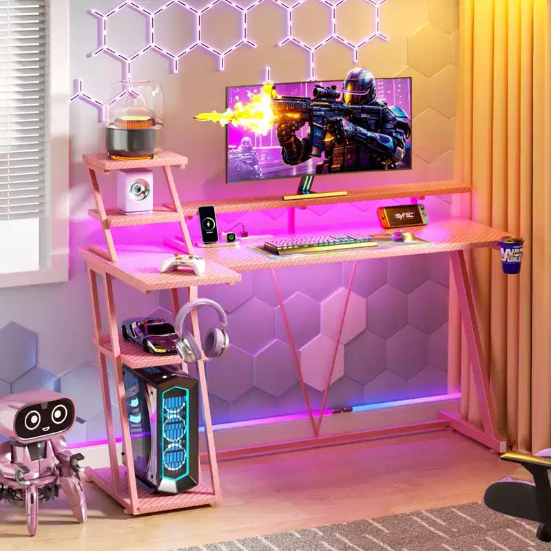 55 Inch Pink Gaming Desk L-Shaped Computer Desk with Shelves and Monitor Stand Gamer Workstation for Small Room Carbon Fiber Design Sturdy Frame
